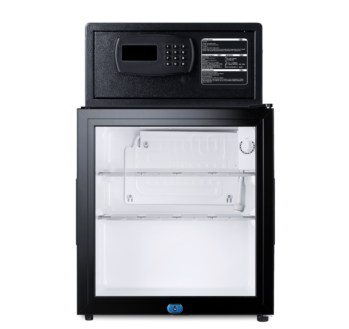 Compact minibar with front lock and glass door with an in-room hotel safe in black with digital keypad lock